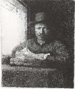 Rembrandt van rijn Self-Portrait Drawing at a window oil